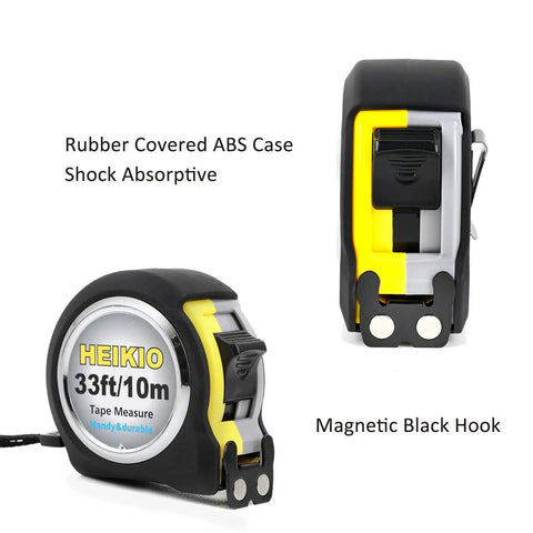 Double Sided Measuring Tape 33 Feet 10 Meters With Fractions In Inches And Metric Retractable Tape Measure With Magnetic Hook And Double Stop Buttons For Quick Accurate Readings And Pro Grade Handy Tool For DIY Projects, rubber-covered ABS case