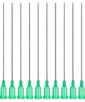 Workhorse 18G Blunt Tip Dispensing Needles Set, 10 Pack, 4 Inch Stainless Steel With Lure Lock, Green needles in a row