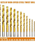 Get These 13PC Drill Bit Set For Glass Metal Tile And Concrete. 13 gold HSS twist drills, sizes 1.5 to 6.5mm, ideal for electric drilling.