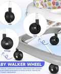 4 Pcs Baby Walker Replacement Wheels Set Quiet Wear Resistant Plastic Casters for Baby Walkers and Strollers shown in different views.
