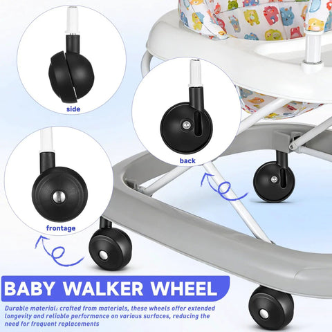 4 Pcs Baby Walker Replacement Wheels Set Quiet Wear Resistant Plastic Casters for Baby Walkers and Strollers shown in different views.