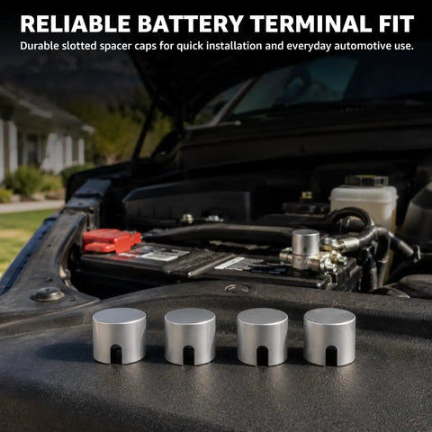 Premium Heavy Duty Battery Post Shims Caps Set Of 4 For Positive And Negative Terminals Rustproof Lead Clamps To Fix Loose Cables On Cars Trucks And Most Vehicles Guaranteed Safe Tight Connections Always, 4 silver lead spacers in engine bay