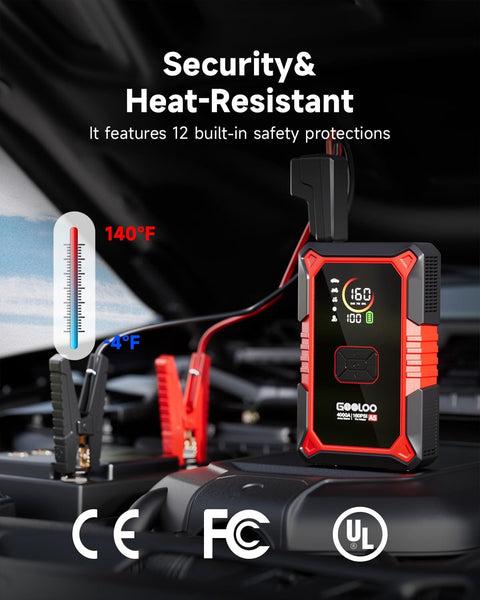 4 In 1 Jump Starter With Air Compressor And Tire Inflator, 4000A Car Battery Booster on an engine, showing safety features