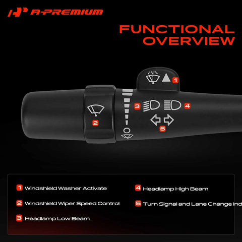 Turn Signal Switch Windshield Wiper Multifunction Lever For Chevrolet Impala 2006 Through 2013 Impala Limited 2014 Through 2016 Monte Carlo 2006 And 2007 All In One Vehicle Control For Turn Signal Wipers And More showing wiper, headlamp, and signal controls