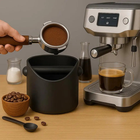 Compact Coffee Knock Box 4.6 Inch Barista Style Espresso Grounds Holder with Removable Plastic Knock Rod next to espresso machine.