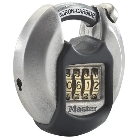Close-up of Heavy Duty Disc Padlock With Combination Stainless Steel Outdoor Lock for storage units and more.
