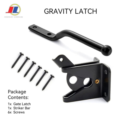 Lock It Tight Gravity Gate Latch Self Securing Black Fence Hardware For Garden Gates with screws and striker bar.