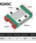 MGN9C linear guide slider dimensions with marked measurements for CNC and 3D printers, part of Two Piece Linear Guide Rails And Four Sliders For MGN9C 100 350 400 450mm Setup A Solid Upgrade For CNC Machines And 3D Printers Smooth Precise Motion Durable Steel Rails Easy Mounting And Plug And Play Performance.