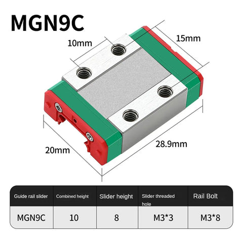 MGN9C linear guide slider dimensions with marked measurements for CNC and 3D printers, part of Two Piece Linear Guide Rails And Four Sliders For MGN9C 100 350 400 450mm Setup A Solid Upgrade For CNC Machines And 3D Printers Smooth Precise Motion Durable Steel Rails Easy Mounting And Plug And Play Performance.