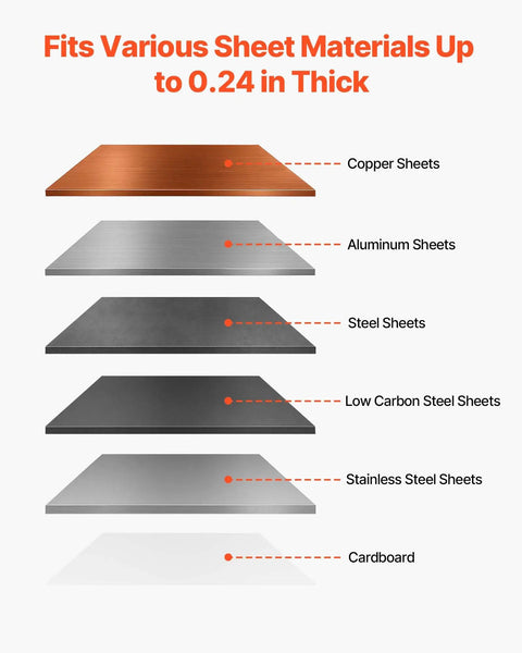 Diagram showing compatibility with copper, aluminum, steel, low carbon steel, stainless steel, and cardboard sheets up to 0.24 in thick.
