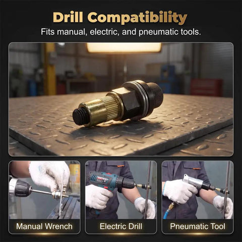 Heavy Duty Carbon Steel Rivet Nut Tool Set For M3 To M12 Range With Multi Size Kit Covering Ten Twenty Four Six Thirty Two Eight Thirty Two Five Sixteenths Eighteen One Quarter Twenty And Three Eighths Sixteen For Easy Versatile Fastening On Auto. Drill compatibility adapter for manual, electric, and pneumatic tools