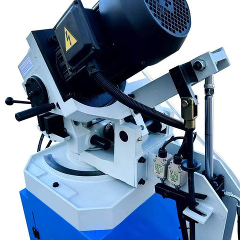 Heavy Duty 12 Inch Semi Automatic Hydraulic Cold Cut Saw 4Hp Metal Cutter with hydraulic components and motor view.
