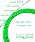 Rock Solid Electrical Fish Tape And Wire Puller Snake That Slides Easy Through Tight Wall Cavities With Heavy Duty Retractable Reel Dual Guide Springs And Galvanized Steel Tip For No Sweat Cable Routing On Any Project, bright green 20m cord with 3mm diameter.