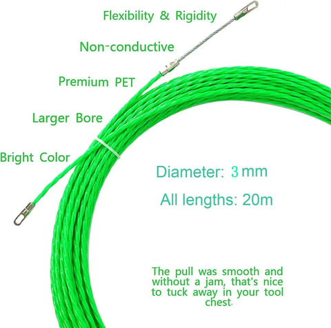Rock Solid Electrical Fish Tape And Wire Puller Snake That Slides Easy Through Tight Wall Cavities With Heavy Duty Retractable Reel Dual Guide Springs And Galvanized Steel Tip For No Sweat Cable Routing On Any Project, bright green 20m cord with 3mm diameter.