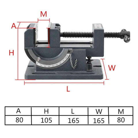 Rock Solid Adjustable Tilting Bench Vise And Precision Work Clamp Built Like A Tank For Woodworking And Metal Drilling Machines No Sweat Smooth Quick Release Lever with detailed size measurements.