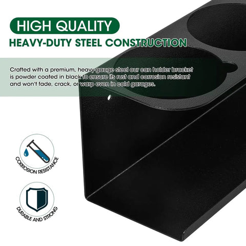 Close-up of Heavy Duty Wall Mount Aerosol Can Holder Set 2 Pack, Steel Construction With Rustproof Powder Coat, corrosion resistance icons.