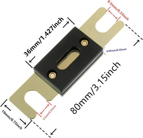 Heavy Duty ANL Fuse Holder Kit Paired With Pro Grade 40 Amp Gold Plated Fuses Engineered For 0 2 4 8 Gauge AWG Car Audio Mods And Rock Solid Underhood Circuit Protection Packs Of Two, showing dimensions and design details.