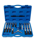 Heavy Duty Pro 13 Piece Bearing Flywheel Puller Kit Set Featuring Dual 2 Jaw And 3 Jaw Gear Puller Tools Along With Nine Swap Out Claws And Extra Center Screws open blue case