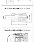 MIL-C-5015 circular connectors technical drawings: MS3102A/MS3106A/MS3108A, 22-2/12/14/22/23.