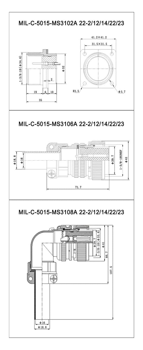 MIL-C-5015 circular connectors technical drawings: MS3102A/MS3106A/MS3108A, 22-2/12/14/22/23.