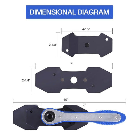 Dimensional diagram of Pro Grade Car Brake Caliper Piston Press Tool Set With Ratcheting Spreader Four Hangers And 360 Degree Caliper Press Ratchet.