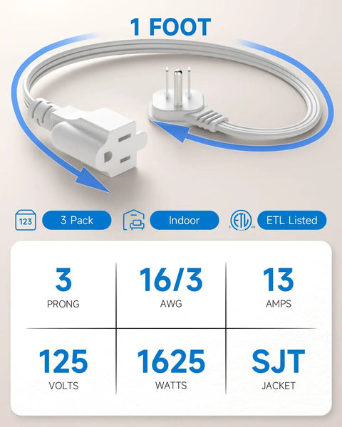 Flat Plug Extension Cord 1 Ft White 90 Degree Right Angle No Block Outlets Low Profile Wall Friendly Space Saving 3 Prong Indoor Grounded Small Power Cord 16 AWG 13A 1625W Pack Of 3, 1 foot