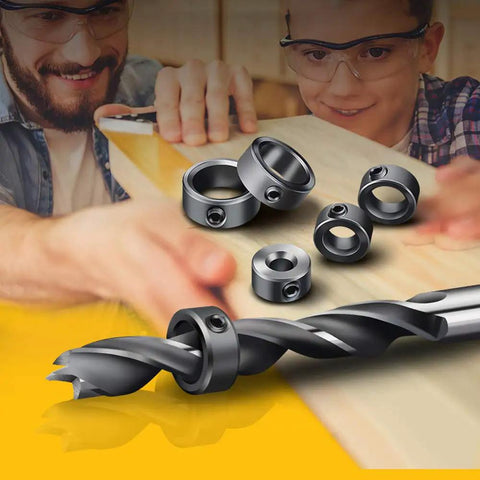 Drill Stop Bit Collar Set With Allen Wrench For Tight Precise Drilling Seven Piece Kit In Sizes From One Eighth To One Half Inch