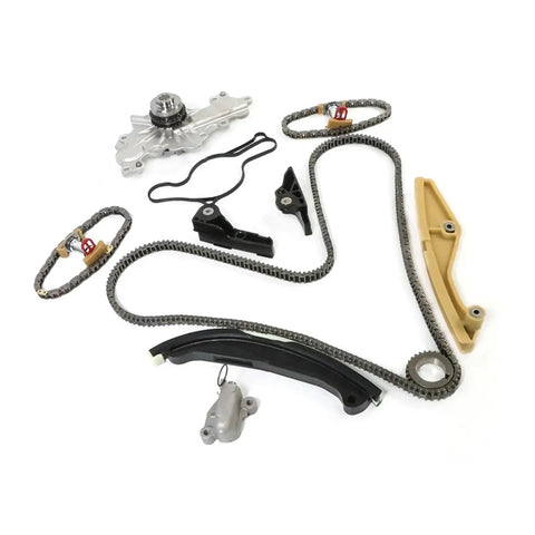 Heavy Duty Timing Chain Kit And Water Pump For Lincoln Edge And Ford Taurus With 3.5 Or 3.7 Liter Engine Ensures Smooth Operation And Major Engine Reliability For Your Ride. timing chain kit, water pump, alloy steel chain, guides and tensioners on white background