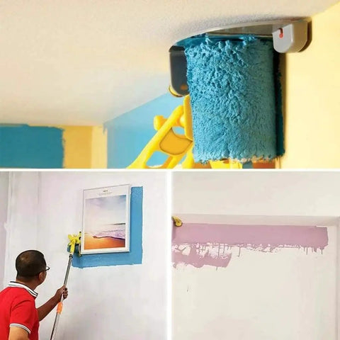 Slick Paint Roller Edger Brush Cuts In Like A Pro Skip The Tape Roll in use, applying blue paint along the ceiling area.