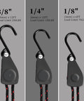 Comparison of three tie down straps with different sizes and load limits, featuring S-hooks. Highlight on Two Pack Kayak Tie Down Straps 1/4 Inch Wide By 12 Feet Long Adjustable Bow And Stern Straps Heavy Duty Kayak Accessories For Rock-Solid Roof Rack Transport And Fast, Reliable Tie Downs, 1/4 inch width.