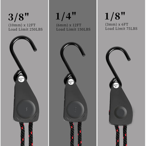 Comparison of three tie down straps with different sizes and load limits, featuring S-hooks. Highlight on Two Pack Kayak Tie Down Straps 1/4 Inch Wide By 12 Feet Long Adjustable Bow And Stern Straps Heavy Duty Kayak Accessories For Rock-Solid Roof Rack Transport And Fast, Reliable Tie Downs, 1/4 inch width.