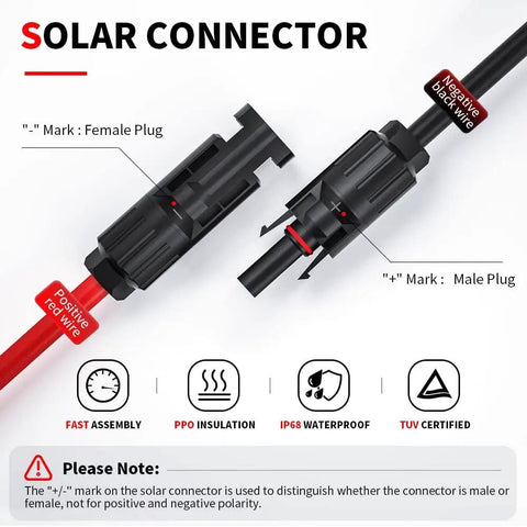 10 AWG Solar Panel Extension Cable Kit With Solar Connector And ADS Port Adapter, positive red and negative black wire