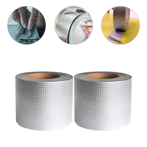 Butyl Waterproof Repair Tape 5cm By 5m Ultra Weatherproof Sealant rolls showing usage on roof leaks, window cracks, and pipes