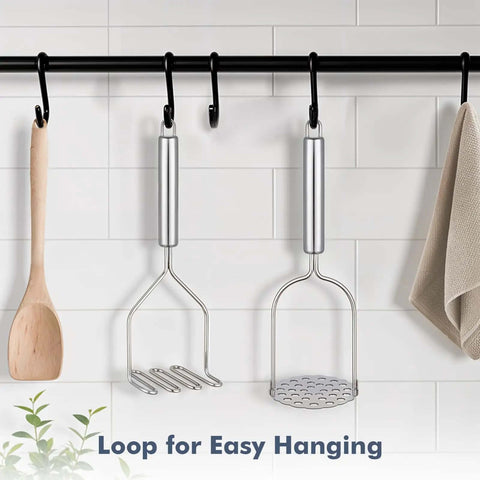 Two Pack Stainless Steel Potato Masher Set With Zigzag Wire And Flower Shaped Hole Heads hanging on kitchen wall hooks