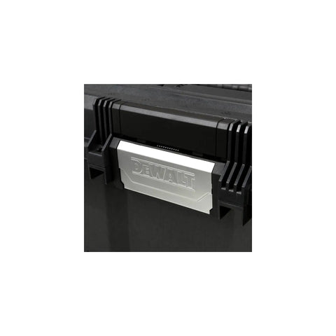 Close-up of One Touch 24 Inch Tool Box with Water Seal, Soft Grip Handle, and V Groove Lid in black and silver