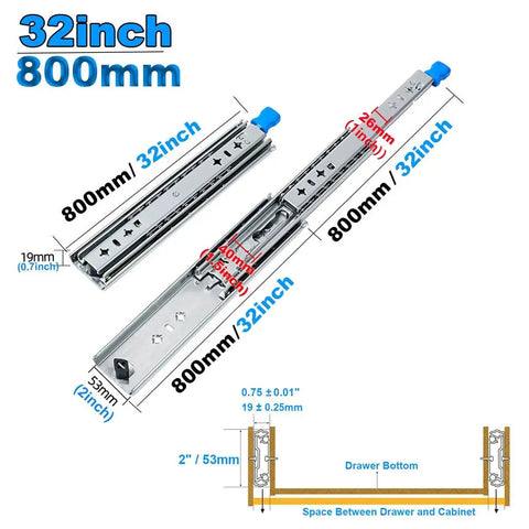 Heavy Duty Long Locking Drawer Slides With Full Extension 32 Inch Side Mount Rails for cabinets and furniture.