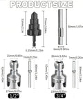 Product size diagram for 3Pcs PVC Pipe Threader Tool Kit For 1/2 And 3/4 Inch Plastic Pipes with dimensions of each tool.