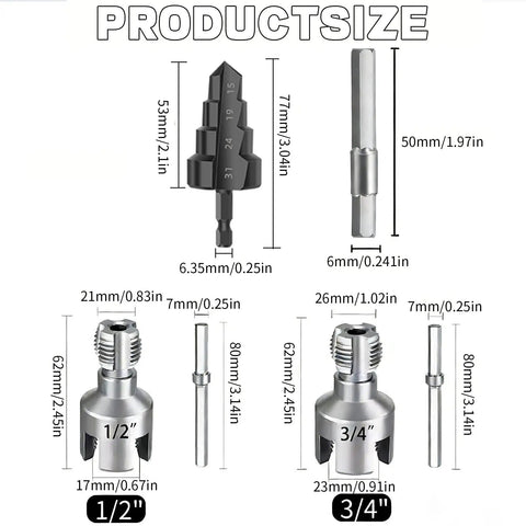 Product size diagram for 3Pcs PVC Pipe Threader Tool Kit For 1/2 And 3/4 Inch Plastic Pipes with dimensions of each tool.