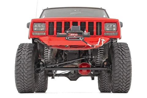 Front view of Jeep with Heavy Duty Steering Kit With Stabilizer For Jeep TJ XJ ZJ MJ N3 Damper Tie Rod Ends And Drag Link Upgrade