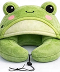Funny Zoo Cartoon Hooded U Shaped Travel Pillow Soft Plush Neck Support For Naps On Planes Cars And In The Office Built In Hood Blocks Light Cute Frog Design For Cozy All Day Comfort