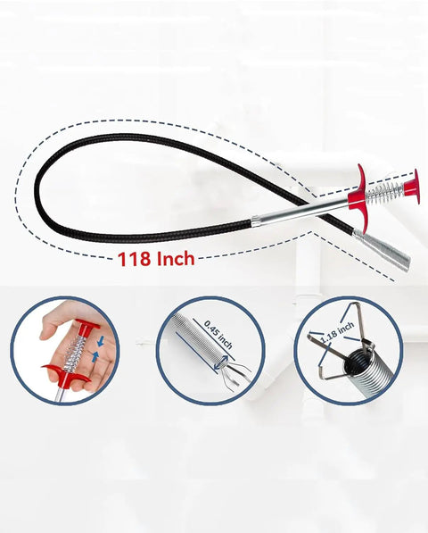 118 Inch Flexible Drain Cleaning Snake Grabber Reacher Tool For Clogged Sinks, Toilets, Tubs, And Gutters, Hair And Debris Removal In Tight Corners With Bendable Spring Design For Easy DIY Home Plumbing