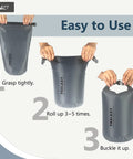 Instructions showing how to seal a gray Waterproof Dry Bag Set 5L 15L 25L Lightweight Durable Dry Sack With Roll Top Closure.