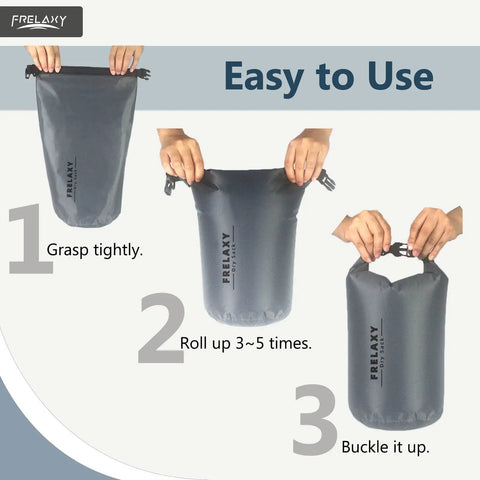 Instructions showing how to seal a gray Waterproof Dry Bag Set 5L 15L 25L Lightweight Durable Dry Sack With Roll Top Closure.