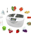 Heavy Duty 2.5L Ultrasonic Cleaner With Smart Digital Timer And Heating Element Ultra Quiet Jewelry Watch Veggie Scrubber Includes Stainless Steel Basket For No Sweat Daily Deep Cleanups, shown with fruits and vegetables.