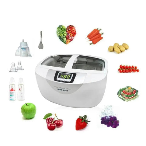 Heavy Duty 2.5L Ultrasonic Cleaner With Smart Digital Timer And Heating Element Ultra Quiet Jewelry Watch Veggie Scrubber Includes Stainless Steel Basket For No Sweat Daily Deep Cleanups, shown with fruits and vegetables.