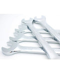 Set of shiny 19mm open-ended wrenches with anti-rust finish lying in a row, part of Ratchet Spanner Set 19mm Gear Wrench Tools