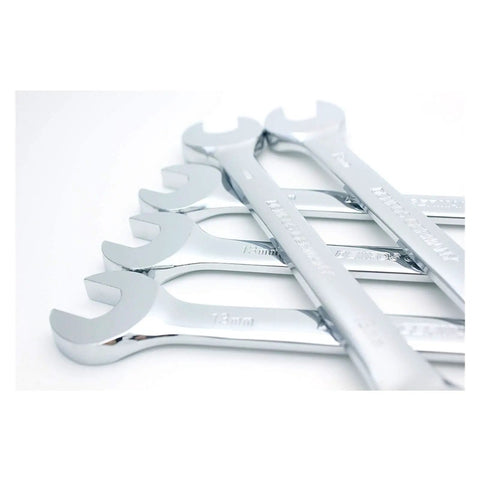 Set of shiny 19mm open-ended wrenches with anti-rust finish lying in a row, part of Ratchet Spanner Set 19mm Gear Wrench Tools