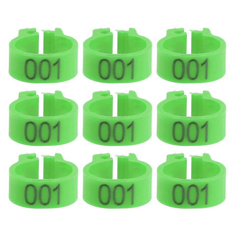 Green Pigeon Leg Bands Set With Numbered Foot Rings for bird identification and breeding, showing clip design, close-up view.