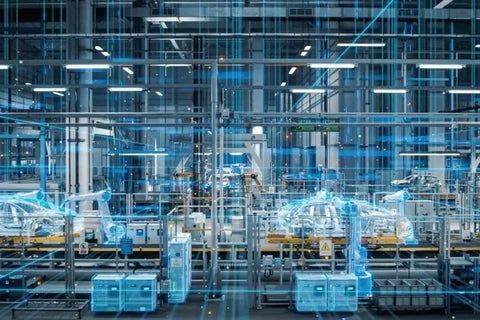 Futuristic factory floor with digital overlays illustrating automated robotics and production systems in an advanced manufacturing setup.
