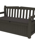 Brown Solana 70 Gallon Storage Bench Deck Box with all-weather resin, wood look finish, hidden under seat storage